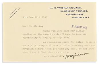 VAUGHAN WILLIAMS, RALPH. Two letters, each Signed, R VaughanWilliams: Autograph Letter * Typed Letter.